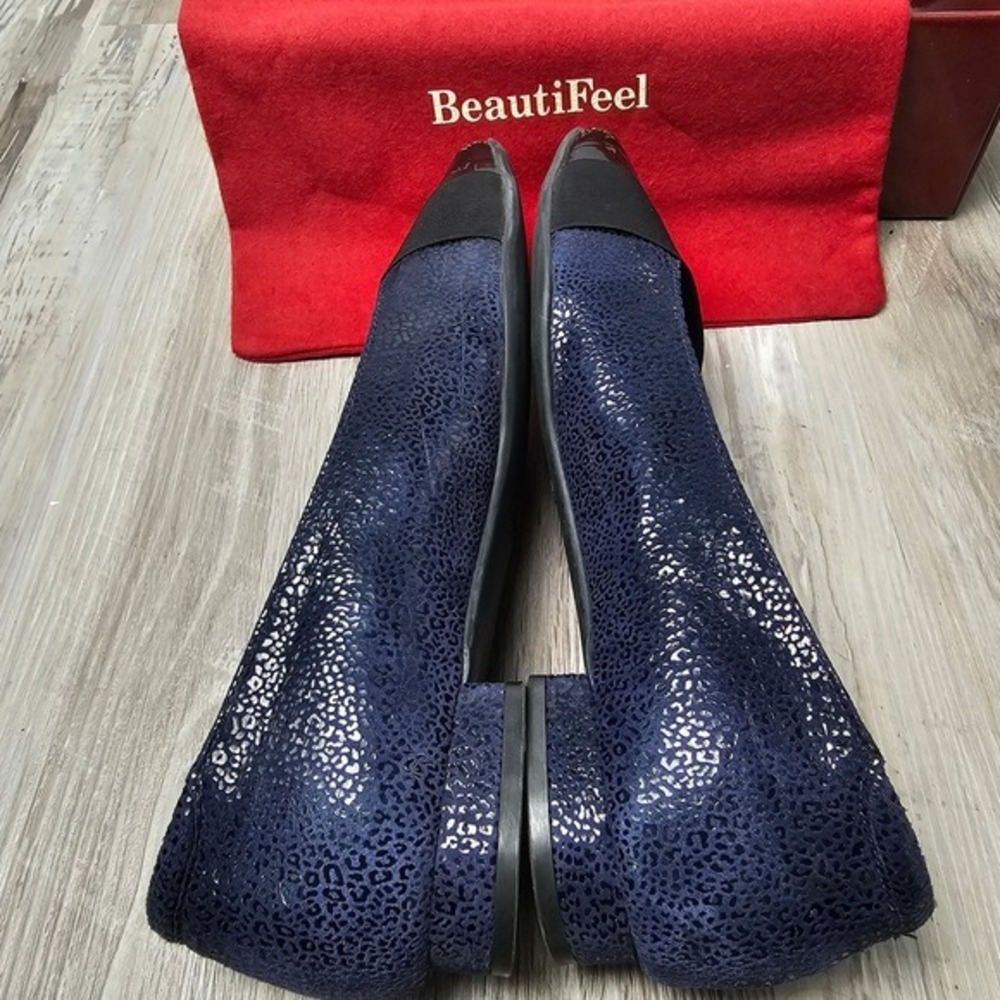 BeautiFeel Paisley Womens 40 Navy Leopard Suede Patent Cap Toe Comfort Flats‎